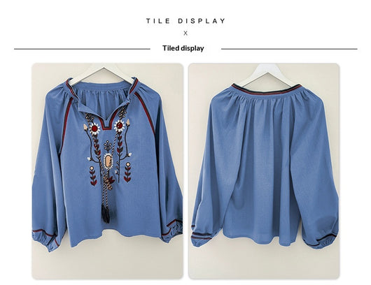 Blusa Casual de Gasa con Cuello Redondo y Bordados para Mujer - Image 10