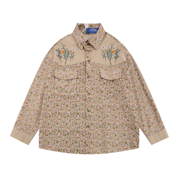 Camisa Cardigan Floral para Hombre - Bordada con Solapa, Manga Larga Suelta