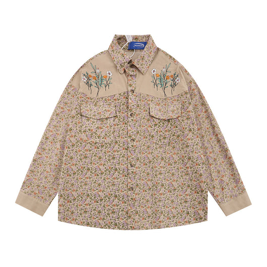 Camisa Cardigan Floral para Hombre - Bordada con Solapa, Manga Larga Suelta