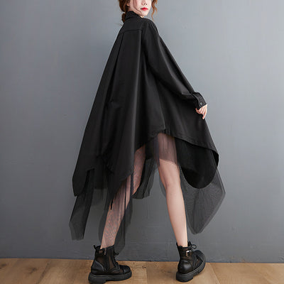 Vestido Camisero Holgado de Doble Capa con Malla Irregular - Image 3