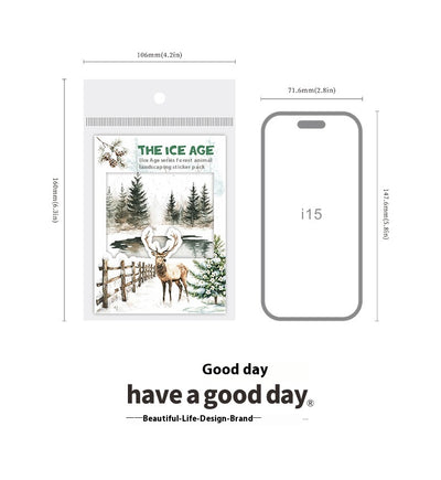 A set of 25 PET stickers featuring winter landscapes, ice castles, deer, wolves, and an ice queen in a snowy fantasy theme. - Image 24