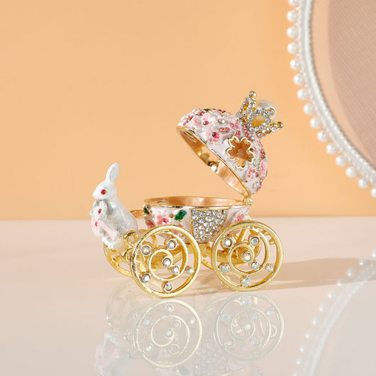 White and gold princess carriage trinket box with a crown, pearl, and bunny figurine, adorned with rhinestones. - Image 5