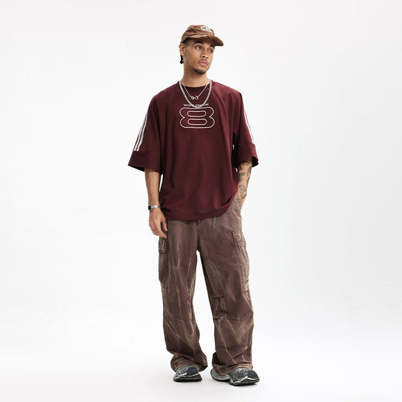 Camiseta Deportiva con Bordado Estilo Americano Oversize Manga Corta