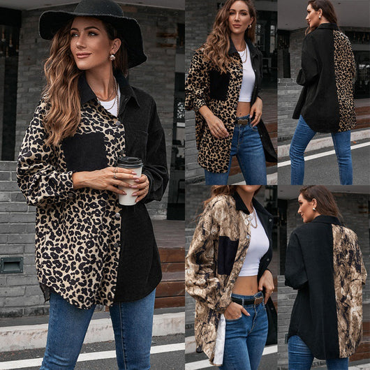Blusa Suelta Estampado Leopardo Manga Larga Bicolor para Mujer