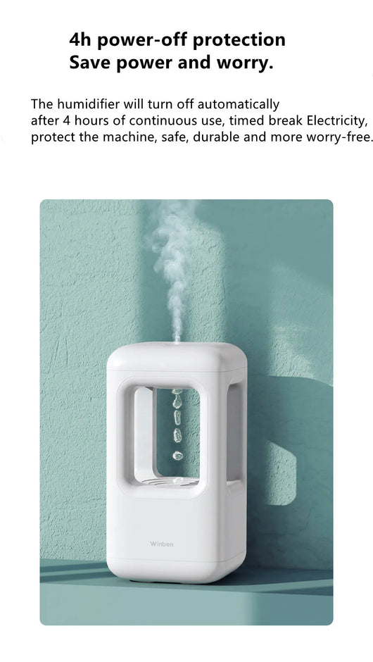 White anti-gravity water drop humidifier with visible mist output and 'Winben' brand name, on a white stand. - Image 12