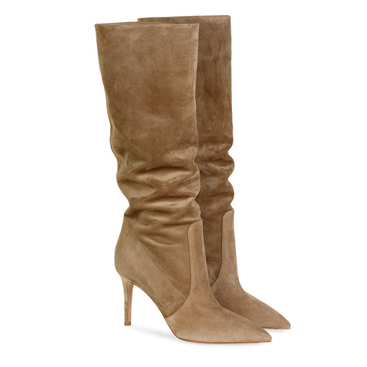 Botas Stiletto Café de Gamuza con Punta Aguda y Caña Media - Image 2