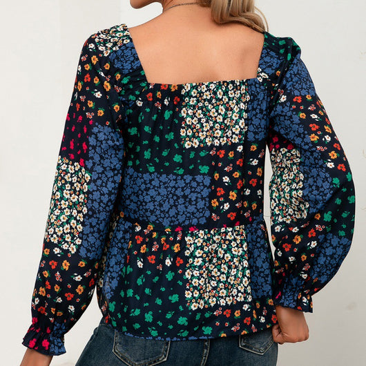 Blusa Casual con Cuello Cuadrado, Mangas Volantes y Flores Pequeñas - Image 5