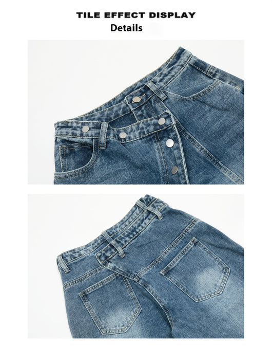 Pantalones Vaqueros Rectos Azules Cintura Alta Pierna Ancha Efecto Desgastado - Image 11