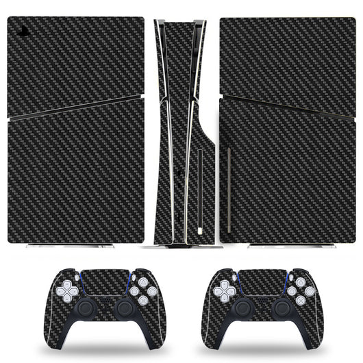 Red carbon fiber pattern skin set for Sony PS5 Slim console and two DualSense controllers, shown applied. - Image 9