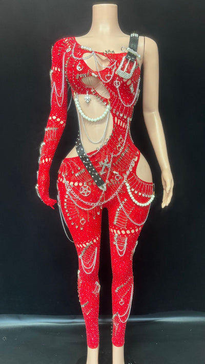 Jumpsuit Elegante con Cutouts y Cadena de Perlas para Mujer - Image 7