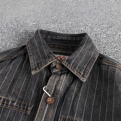 Camisa Denim Retro Británica a Rayas Negras y Grises para Hombre - Image 2