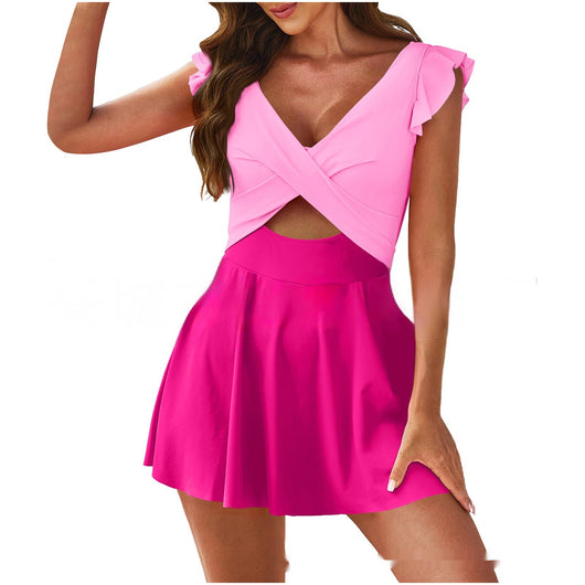 Conservative color contrast patchwork swimsuit for women, featuring a light pink criss-cross top with ruffled cap sleeves and an orange pleated skirt. - Image 5