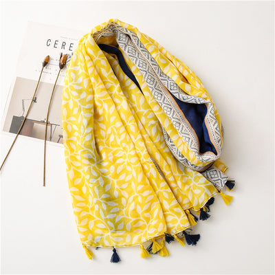 Chal Foulard de Algodón y Lino con Estampado de Hojas de Uva y Borlas - Image 8
