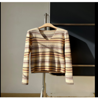 Suéter de Punto con Cuello en V y Rayas para Mujer