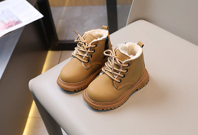 Black children's fashion Martin boots with laces and a side zipper, featuring a thick rubber sole. - Image 21