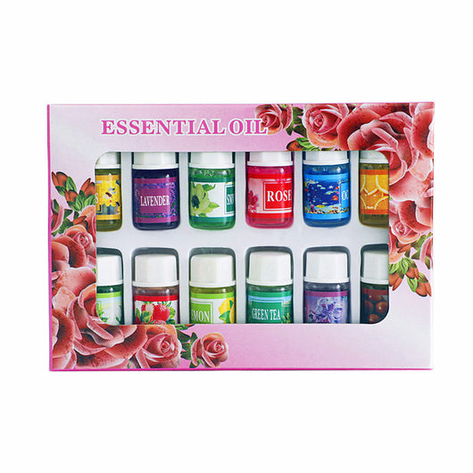A 12-piece essential oil set in a decorative pink box with a rose floral design. Includes scents like Lavender, Rose, Lemon, and Green Tea. - Image 6