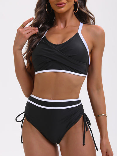 Black and white color matching bikini swimsuit with a high-waisted drawstring bottom and a split top. - Image 8