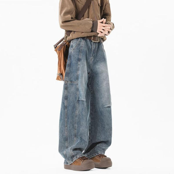 Pantalones Vaqueros Holgados Retro con Pliegues Lavados para Hombre