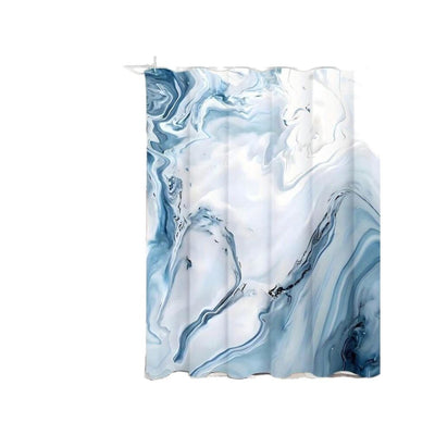 Blue and white marble pattern shower curtain made of polyester, hanging from a silver shower rod in a modern bathroom. - Image 7