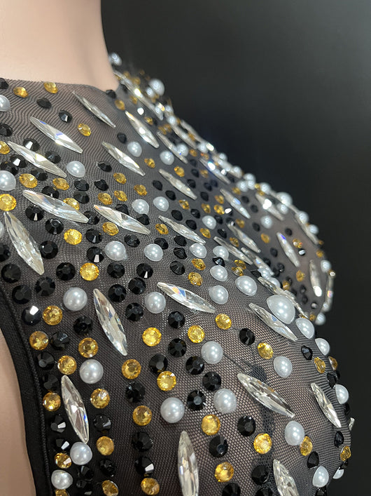 Vestido de Noche Largo Negro Brillante con Detalles de Diamantes - Image 9
