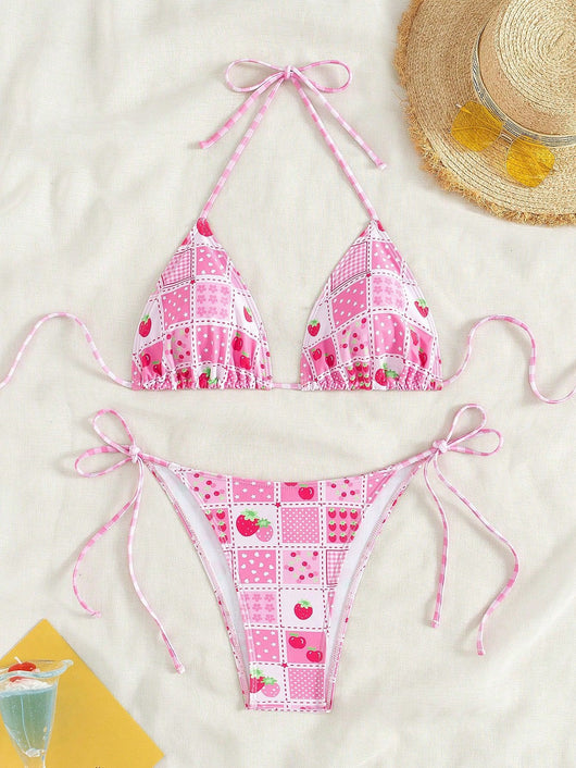 Female creative minimally printed split bikini set with a vibrant bohemian pattern and tie-side bottoms. - Image 15