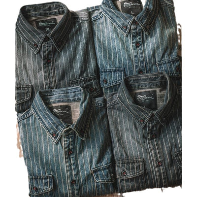 Camisa Denim Vintage a Rayas Verticales Manga Larga para Hombre - Image 5