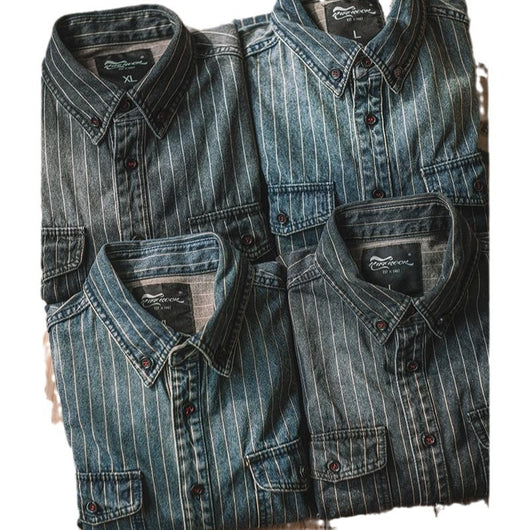 Camisa Denim Vintage a Rayas Verticales Manga Larga para Hombre - Image 5