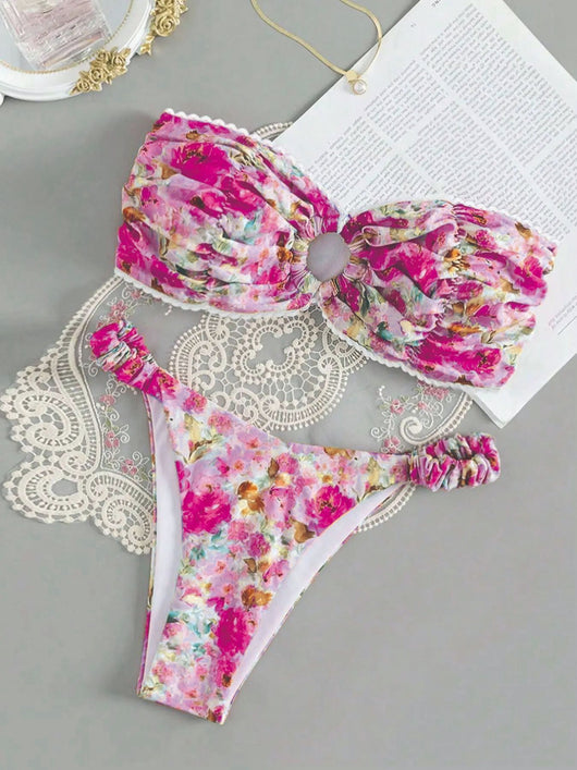 Floral print tube top bikini with blue and purple flowers, white lace trim, and a central ring detail. - Image 9