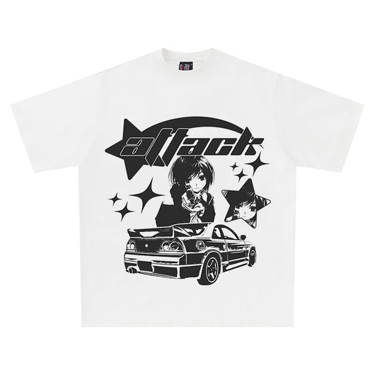 Playera Blanca Oversized Estilo Harajuku con Patrón Anime