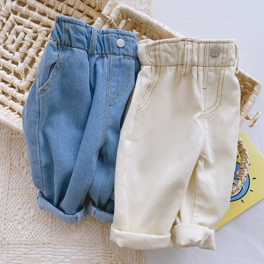 Jeans Casuales de Cintura Alta para Niña en Colores Sólidos