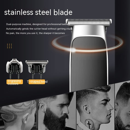 Black and silver electric hair clipper with digital display, guide combs, extra cutter head, cleaning brush, oil, and USB cable.