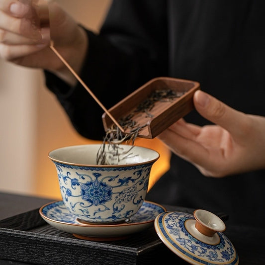 Juego de Taza Gaiwan Ru Ware Azul y Blanco - Té Tradicional Chino - Image 2