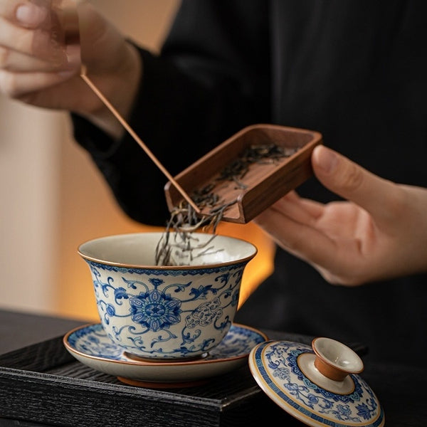 Juego de Taza Gaiwan Ru Ware Azul y Blanco - Té Tradicional Chino