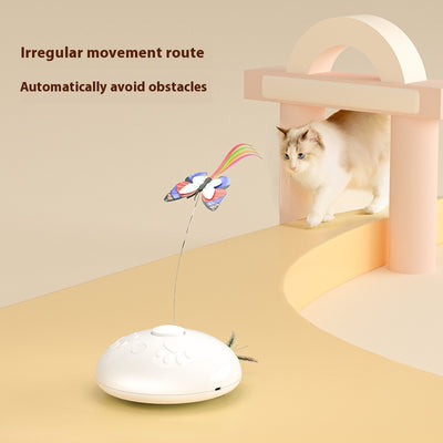 White electric cat toy with a colorful butterfly on a flexible wire and green feathers extending from the base. - Image 2