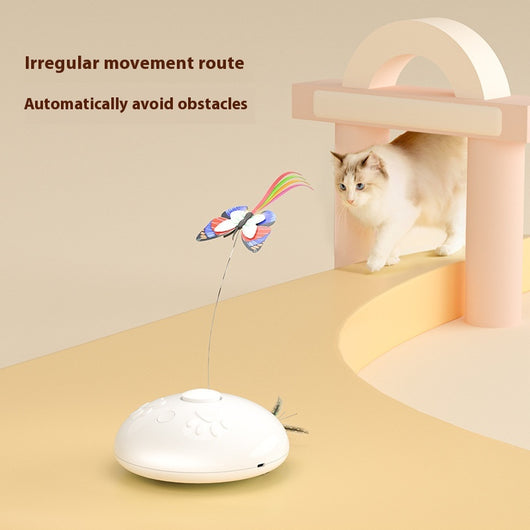 White electric cat toy with a colorful butterfly on a flexible wire and green feathers extending from the base. - Image 2