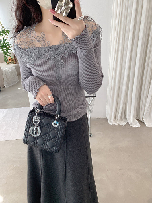 Suéter Tejido con Encaje Calado y Cuello en V para Mujer - Colección Otoño Invierno - Image 11