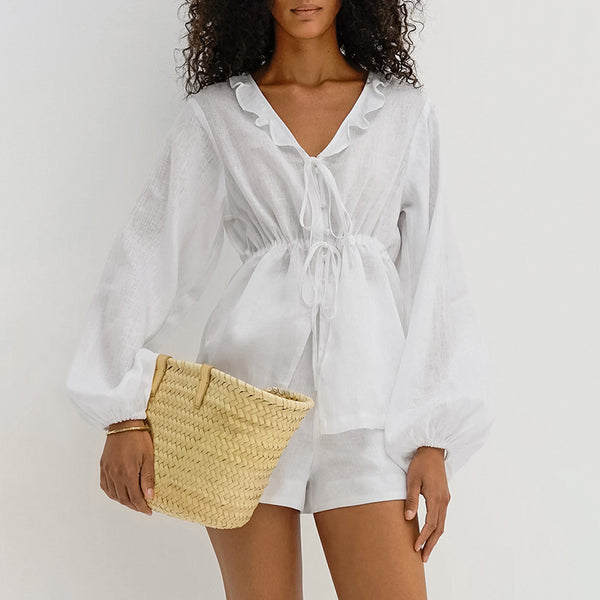 Blusa de Lino y Algodón con Mangas Farol - Estilo Europeo Moderno