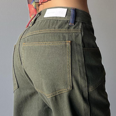 Jeans Verde Oliva Rectos Corte Alto Estilo Urbano - Image 2