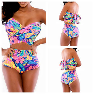 Colorful tropical floral print two-piece swimsuit with a strapless sweetheart top and high-waisted bottoms. - Image 2