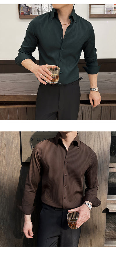 Camisa de Manga Larga con Rayas Oscuras Cuello en V para Hombre - Image 14
