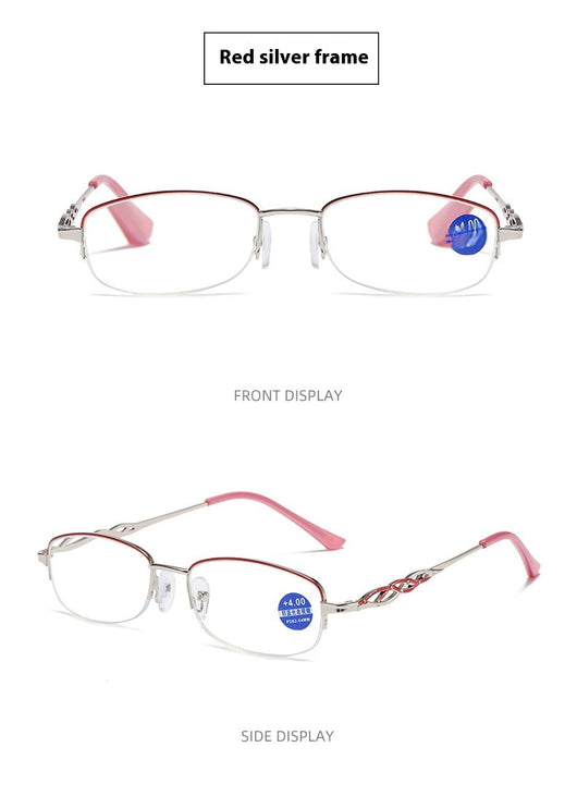 Gold half-rim anti-blue light reading glasses with red decorative temples and +1.50 magnification. - Image 7