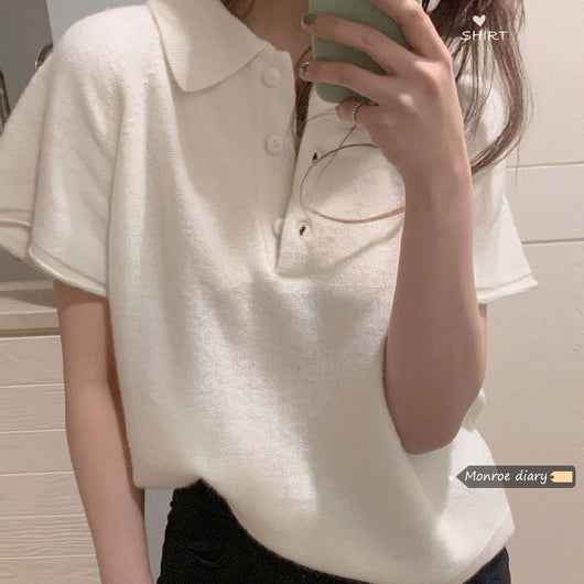 Suéter Corto Mujer Cuello Polo Manga Corta Holgado Base Liviano
