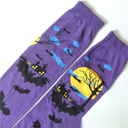 Medias Largas Hasta la Rodilla con Estampado Halloween - Telaraña, Murciélagos, Calaveras y Castillo - Image 22