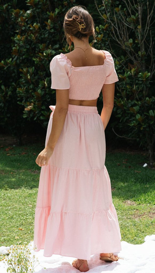 Conjunto Elegante: Blusa Drapeada con Moño y Falda Larga Cintura Alta - Image 2