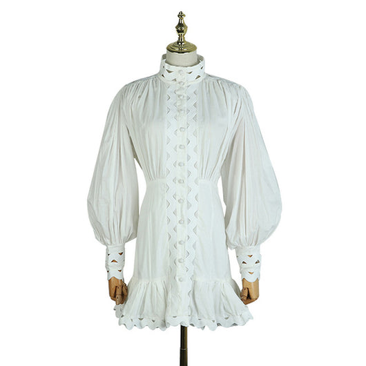 Vestido Mini Sirena Negro y Blanco con Mangas Farol y Botones - Image 6