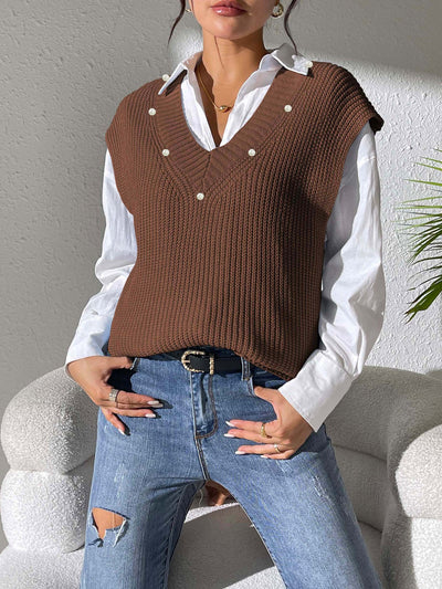 Chaleco Tejido con Perlas en Escote V - Elegancia Minimalista - Image 13