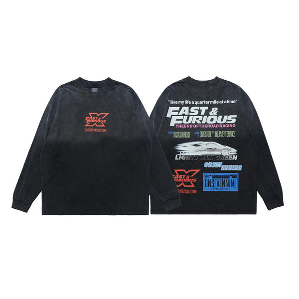 Camiseta Estampada Motociclista Manga Larga Teñida al Lavado