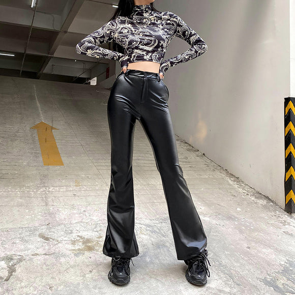 Pantalones de Cuero Bootcut Ancho - Estilo Street Trend Basic