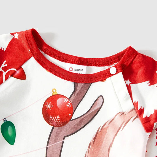 Red and white matching family Christmas pajamas with cartoon reindeer, Christmas trees, and snowman patterns. - Image 17