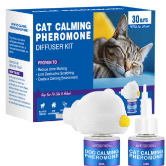Cat Calming Pheromone Diffuser Kit with a white plug-in diffuser and a green refill bottle, next to its green and white box. - Image 4